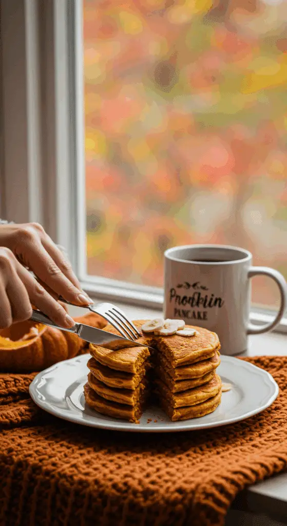 A person enjoying a delicious and healthy breakfast of Pumpkin Protein Pancakes on a cozy fall morning.