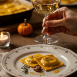 An elegant plate of homemade Pumpkin Wonton Ravioli being served as an appetizer at a sophisticated fall dinner party.