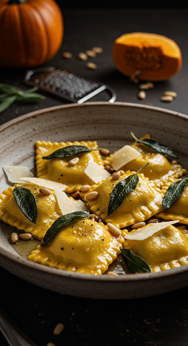 A beautiful, rustic bowl of homemade Pumpkin Wonton Ravioli, tossed in a brown butter and sage sauce and garnished with Parmesan.