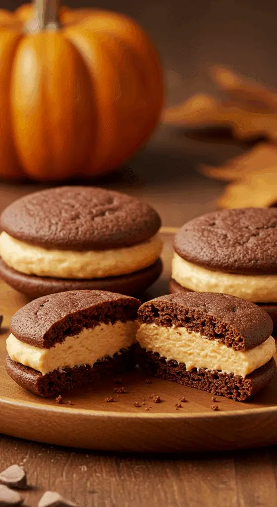A beautiful platter of three homemade, soft and delicious Pumpkin Whoopie Pies with a creamy pumpkin filling.