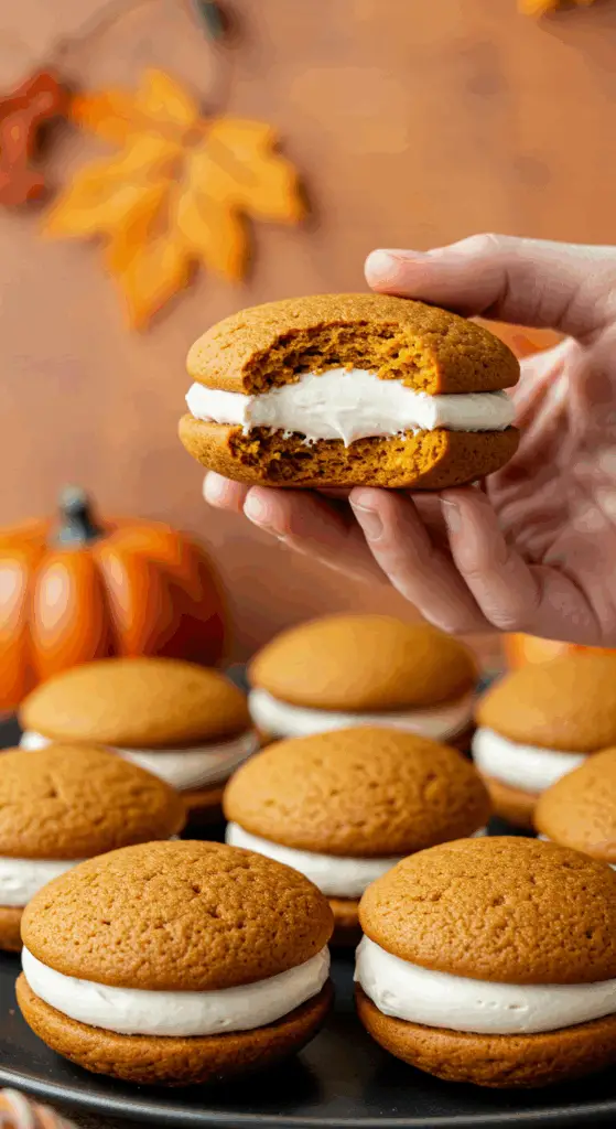 A hand holding a delicious, homemade Pumpkin Whoopie Pie at a fun fall party.