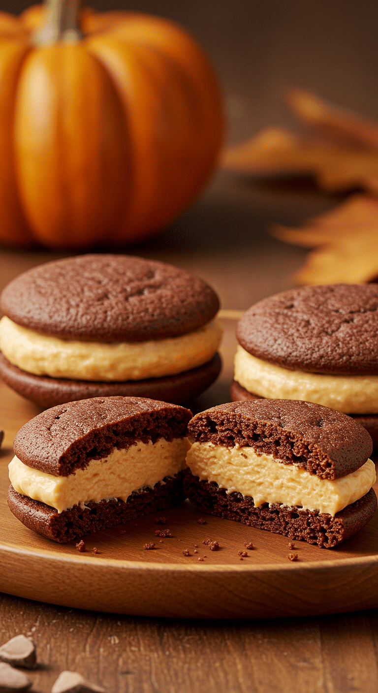 A beautiful platter of three homemade, soft and delicious Pumpkin Whoopie Pies with a creamy pumpkin filling.