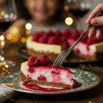 An elegant slice of perfect, homemade Raspberry Cheesecake being served as dessert at a festive holiday dinner party.