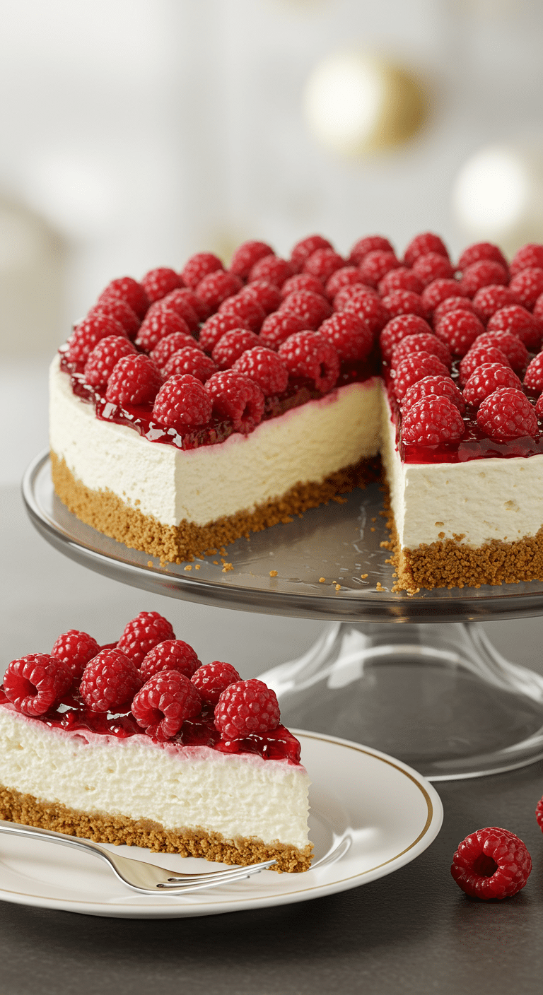 A beautiful, perfect, and flawless homemade New York-style Raspberry Cheesecake on a cake stand, topped with a glossy pile of fresh raspberries.