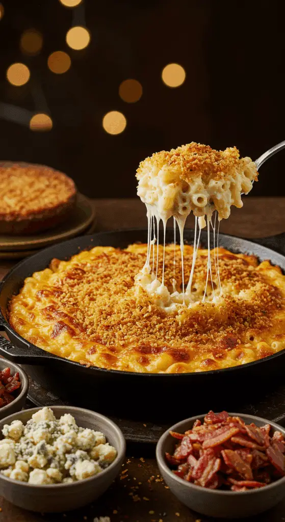 A beautiful, golden-brown baked Macaroni and Cheese on a party buffet with bowls of toppings for a Mac and Cheese Bar.
