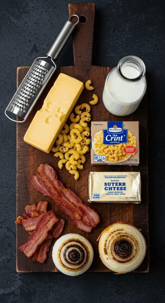 The classic, simple ingredients for the homemade baked Macaroni and Cheese recipe and toppings.
