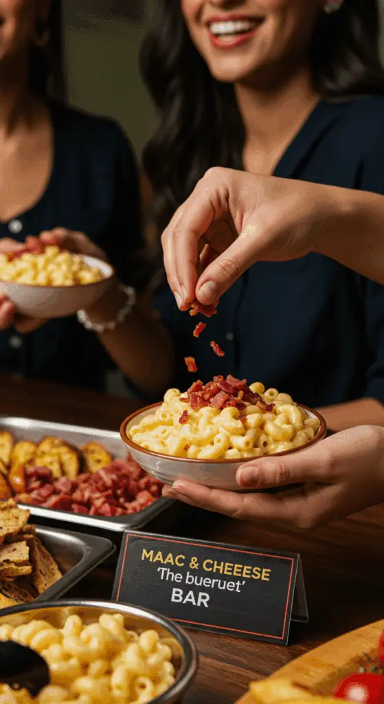 A person customizing their bowl of mac and cheese with crispy bacon at a fun Mac and Cheese Bar party.