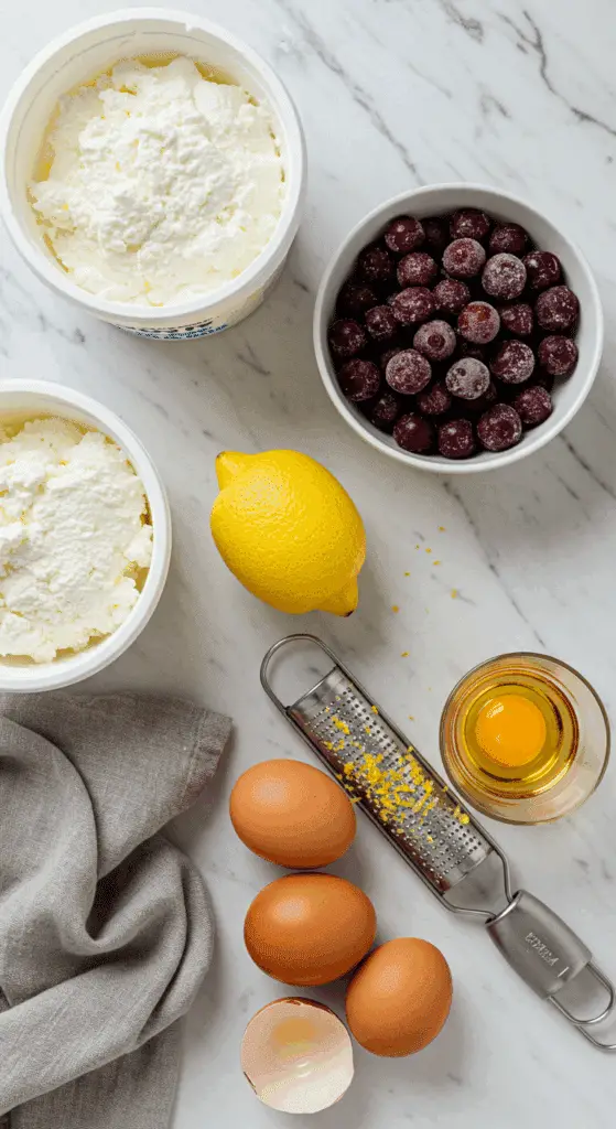 The simple, fresh ingredients for the from-scratch, elegant Ricotta Cheesecake with a warm cherry topping.