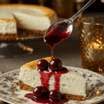 An elegant slice of homemade Ricotta Cheesecake with a warm cherry topping being served at a dinner party.