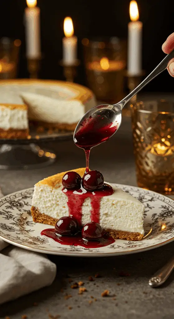 An elegant slice of homemade Ricotta Cheesecake with a warm cherry topping being served at a dinner party.