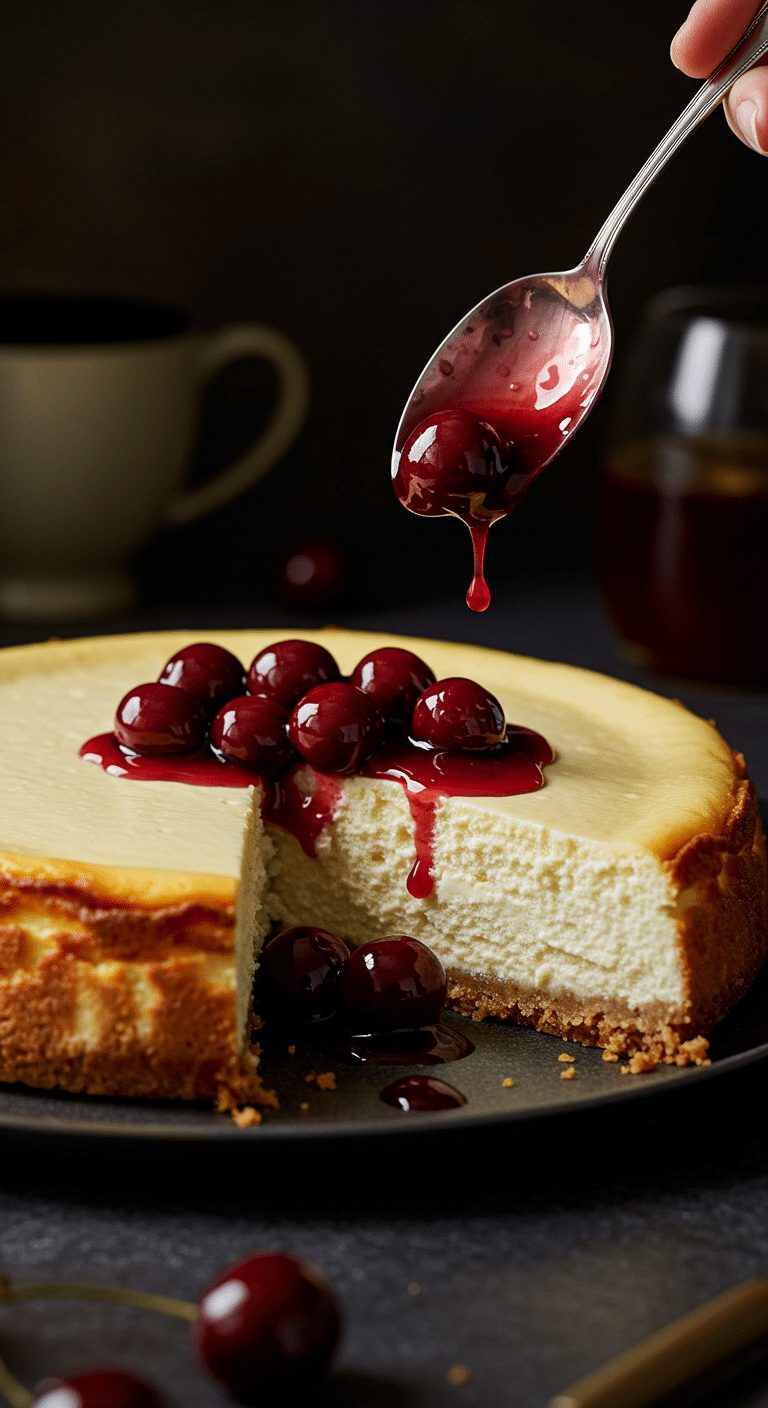 A beautiful, elegant platter of sliced, homemade Ricotta Cheesecake with a rich, dark cherry sauce being spooned on top.