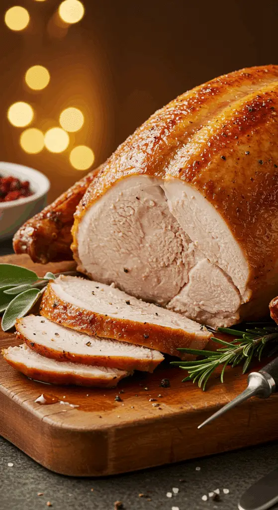 A stunning, perfectly golden-brown and juicy roasted turkey on a carving board, ready for a holiday feast.