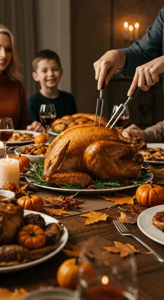 The beautiful, finished roasted turkey as the centerpiece of a happy Thanksgiving dinner table.