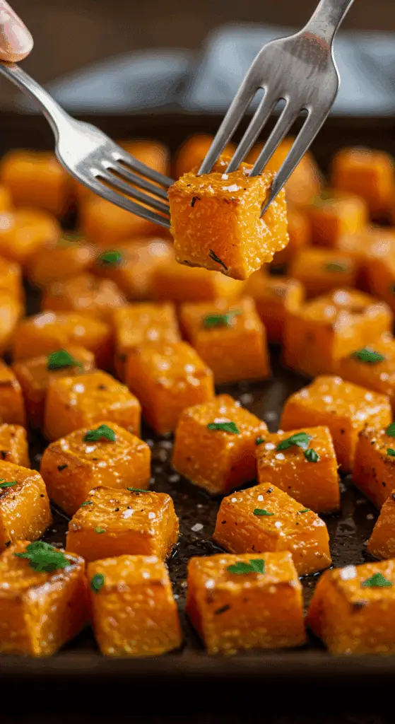 A beautiful sheet pan of golden-brown and perfectly caramelized, homemade Roasted Butternut Squash cubes.