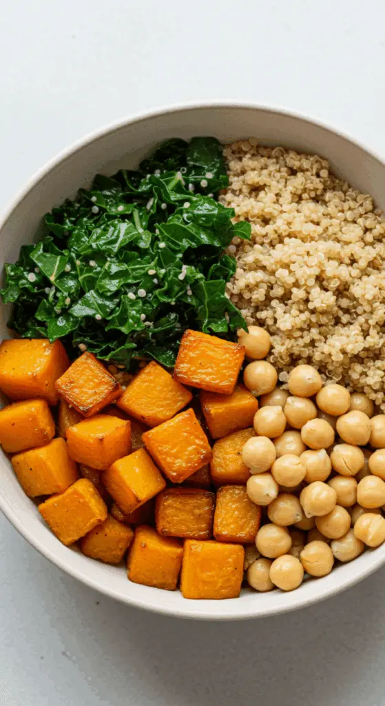 A beautiful and healthy grain bowl featuring a generous serving of homemade Roasted Butternut Squash.