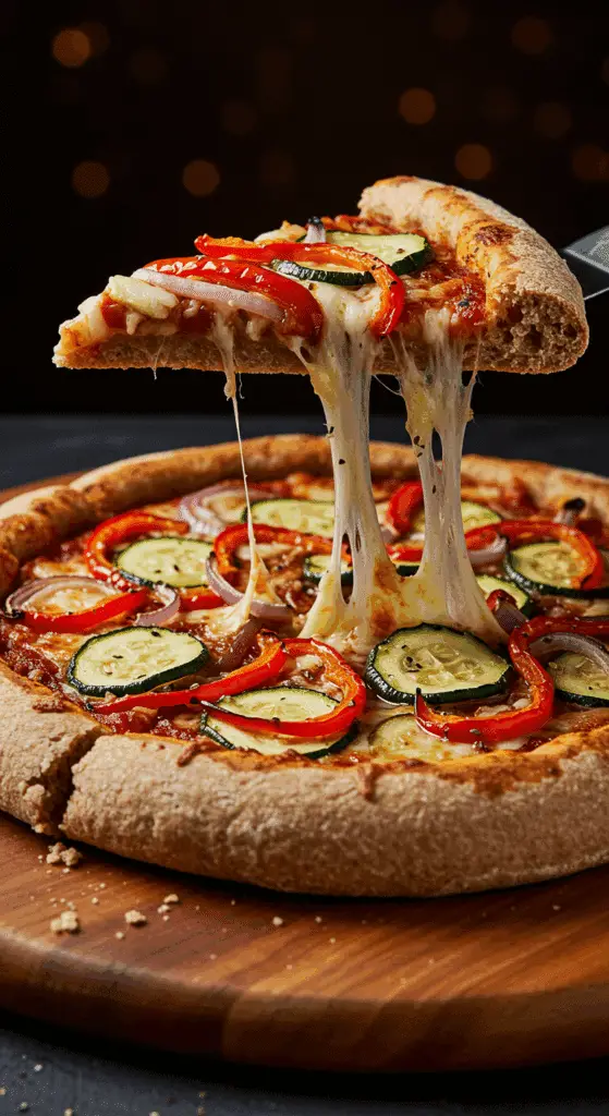 A beautiful, homemade Roasted Vegetable Pizza on a whole wheat crust, with a slice being lifted away showing a gooey cheese pull.