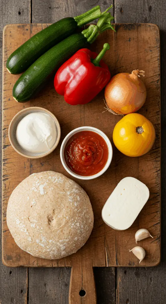 The fresh, wholesome ingredients for the hearty, from-scratch Roasted Vegetable Whole Wheat Pizza recipe.