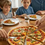 A happy family sharing a large, homemade Roasted Vegetable Pizza for a healthy dinner.