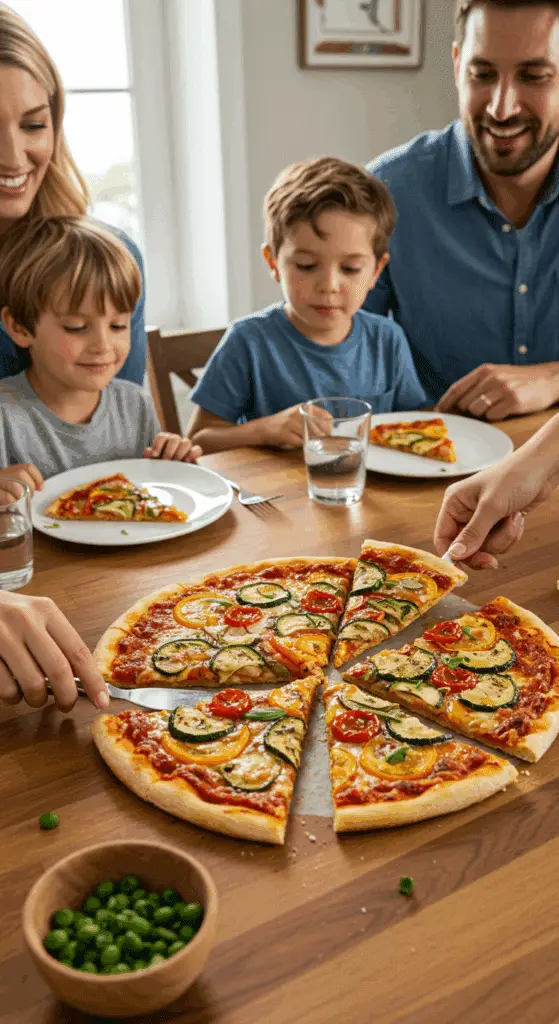 A happy family sharing a large, homemade Roasted Vegetable Pizza for a healthy dinner.