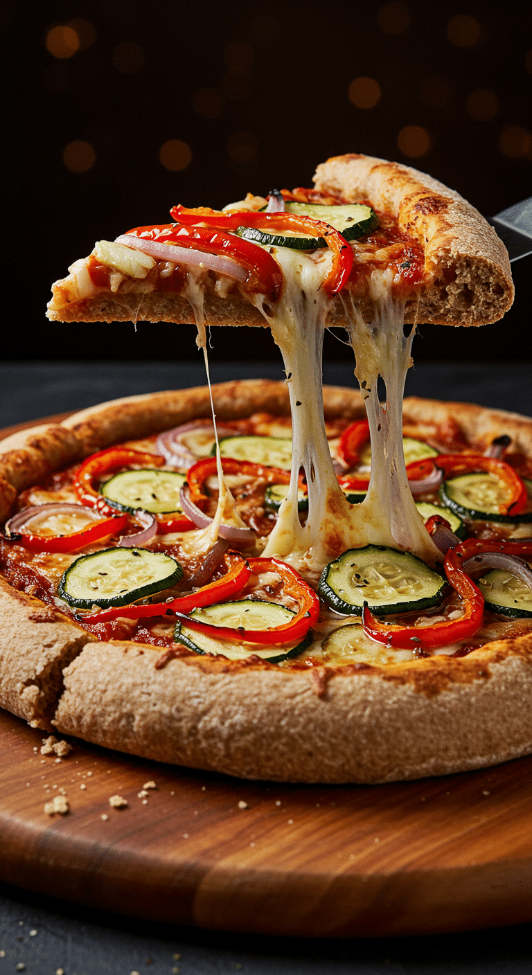 A beautiful, homemade Roasted Vegetable Pizza on a whole wheat crust, with a slice being lifted away showing a gooey cheese pull.