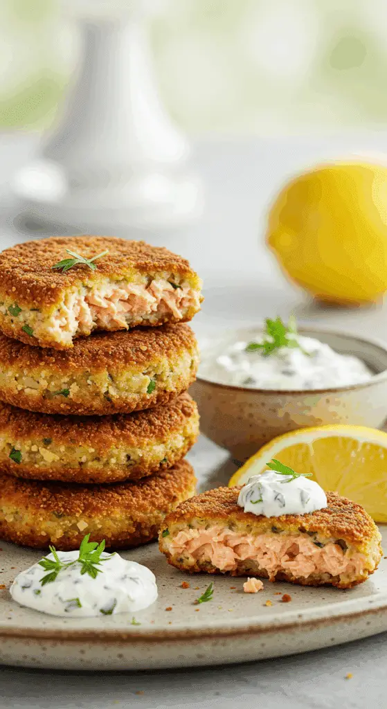 A beautiful, rustic stack of three crispy, golden-brown homemade Salmon Patties with a dollop of a creamy dipping sauce.