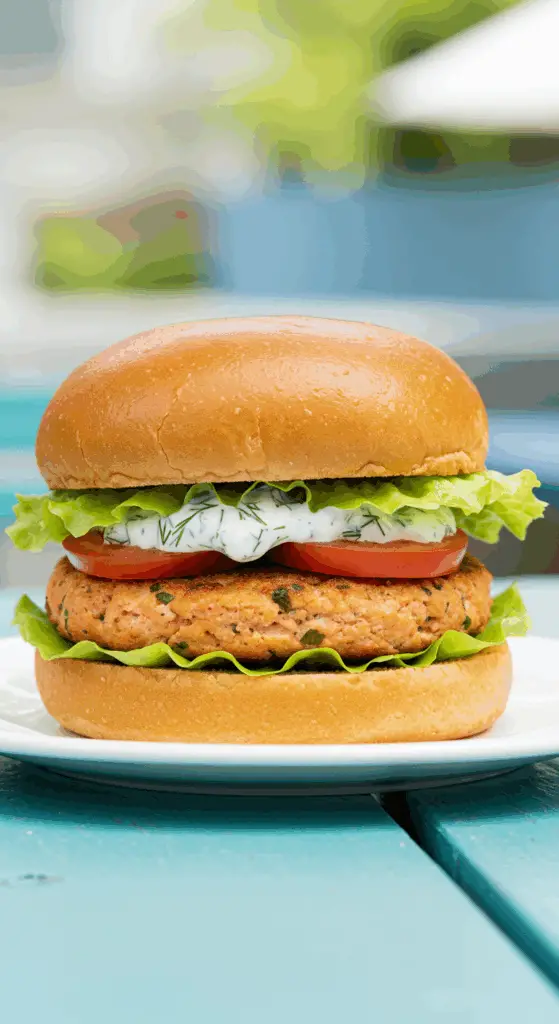 A beautiful, homemade Salmon Patty served as a delicious salmon burger on a toasted brioche bun.