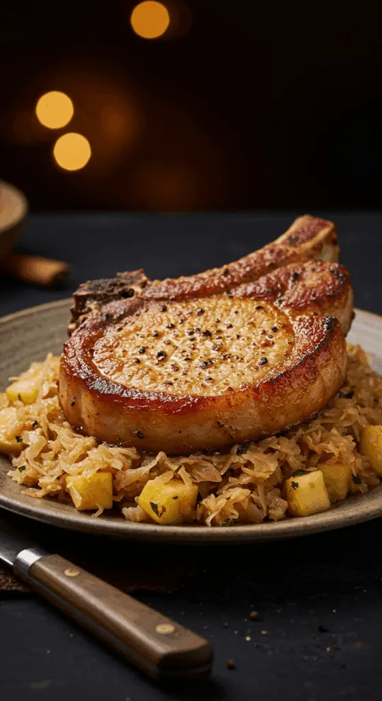 A beautiful, golden-brown, juicy, pan-seared Pork Chop on a plate, served over a generous portion of braised sauerkraut and apples.
