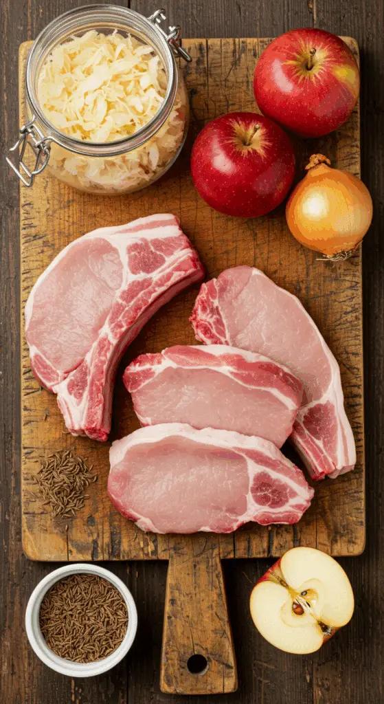 The fresh, from-scratch ingredients for the classic Pork Chops with Sauerkraut and Apples recipe.