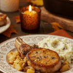 A beautiful plate of homemade Pork Chops with a generous portion of braised sauerkraut, served with mashed potatoes for a cozy meal.