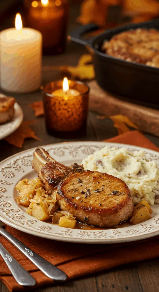 A beautiful plate of homemade Pork Chops with a generous portion of braised sauerkraut, served with mashed potatoes for a cozy meal.