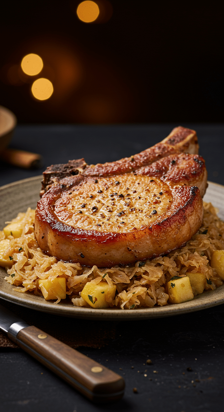 A beautiful, golden-brown, juicy, pan-seared Pork Chop on a plate, served over a generous portion of braised sauerkraut and apples.