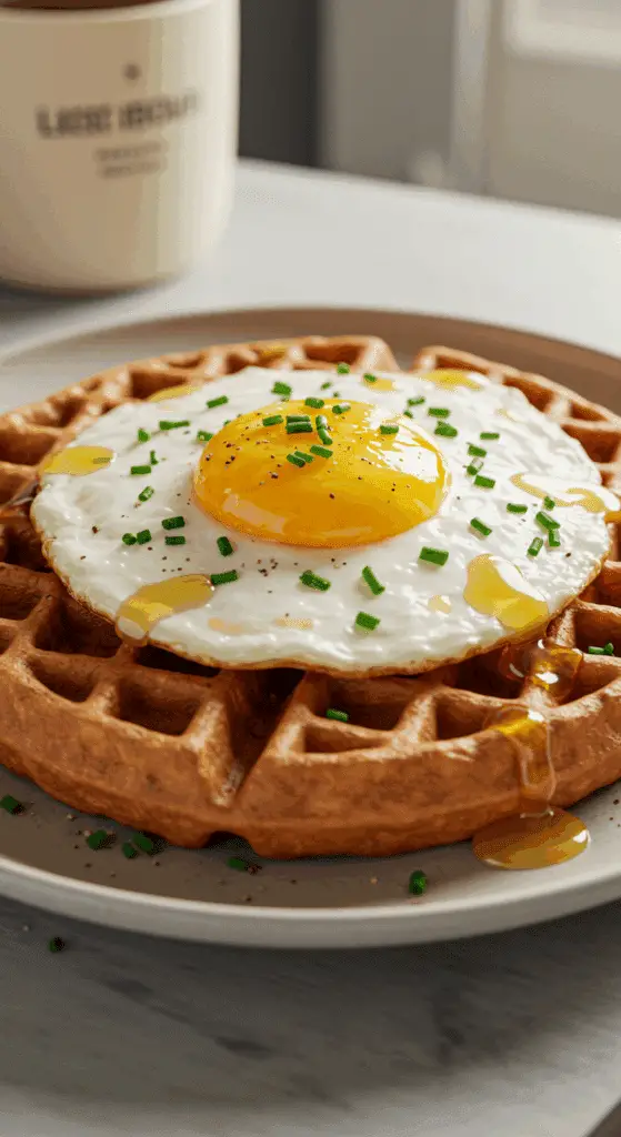 A perfect, golden-brown, crispy and fluffy homemade Savory Protein Waffle topped with a fried egg and hot honey.
