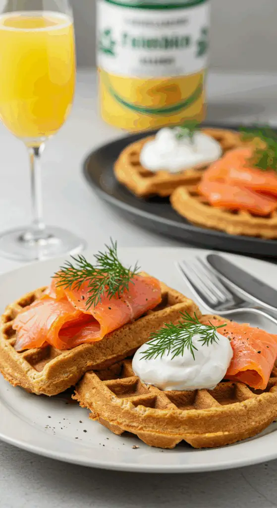 A beautiful plate of Savory Protein Waffles topped with smoked salmon, being served for an elegant brunc