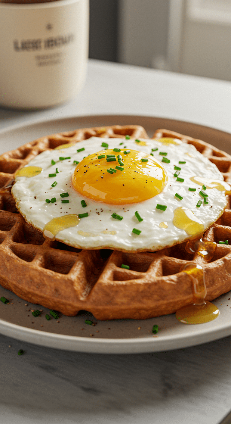 A perfect, golden-brown, crispy and fluffy homemade Savory Protein Waffle topped with a fried egg and hot honey.