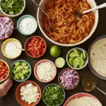 A beautiful and fun "build your own" taco bar with a large bowl of homemade pulled chicken and a variety of fresh toppings.