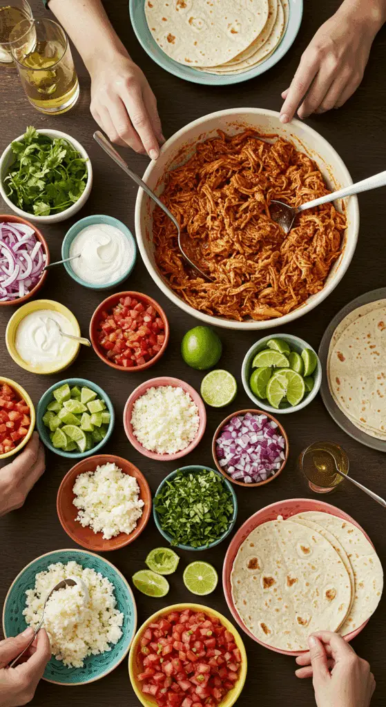 A beautiful and fun "build your own" taco bar with a large bowl of homemade pulled chicken and a variety of fresh toppings.