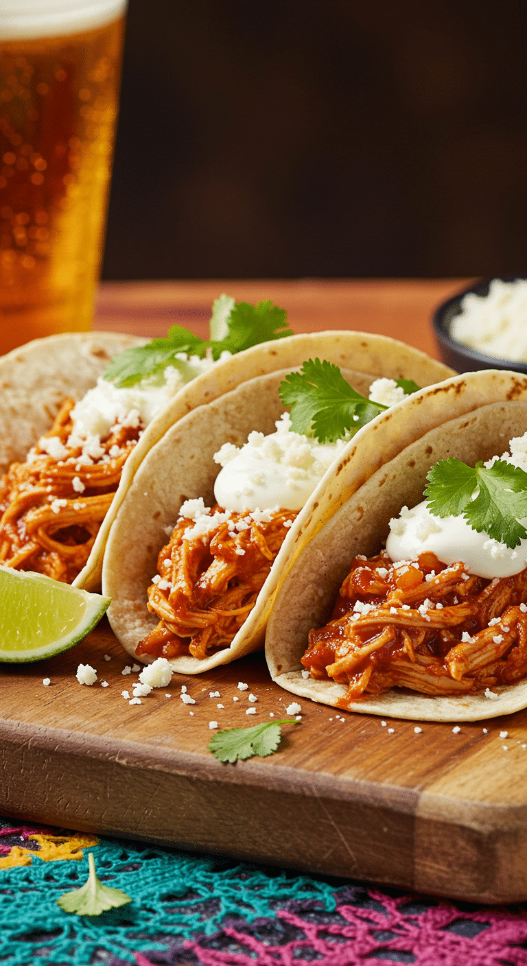 A beautiful platter of three homemade, from-scratch Tex-Mex Pulled Chicken Tacos, topped with cotija cheese and cilantro.