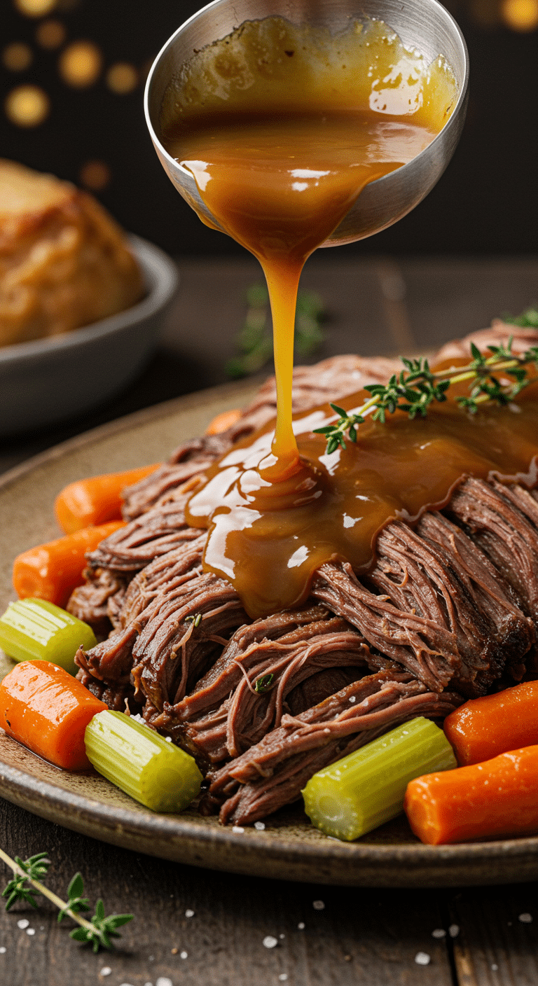 A beautiful platter of tender, fall-apart Slow Cooker Beef Pot Roast with vegetables and a rich gravy.