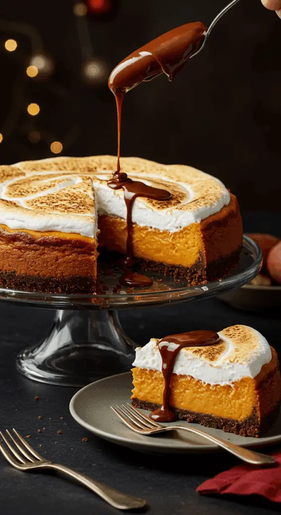 A beautiful, homemade S'mores Sweet Potato Cheesecake with a toasted marshmallow topping and a slice being drizzled with chocolate.