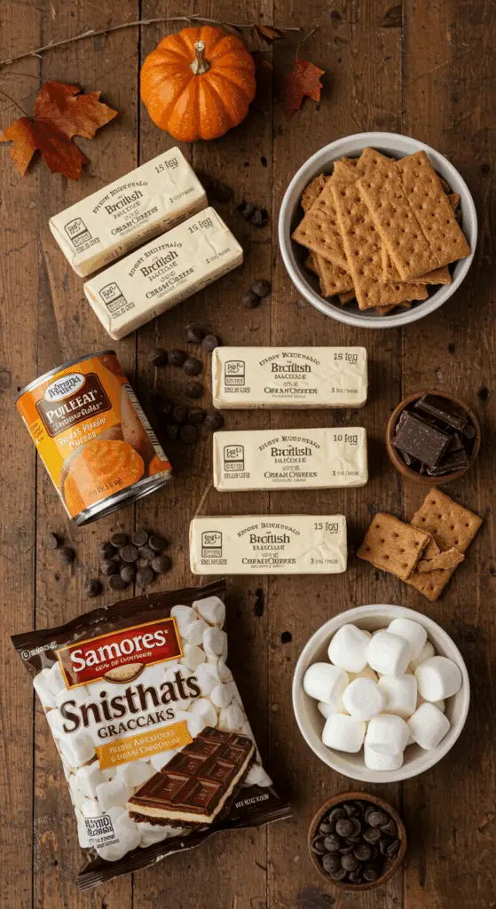The decadent, from-scratch ingredients for the S'mores Sweet Potato Cheesecake recipe.