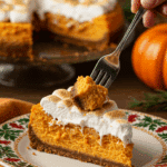 A beautiful slice of S'mores Sweet Potato Cheesecake being served as dessert at a festive Thanksgiving dinner.