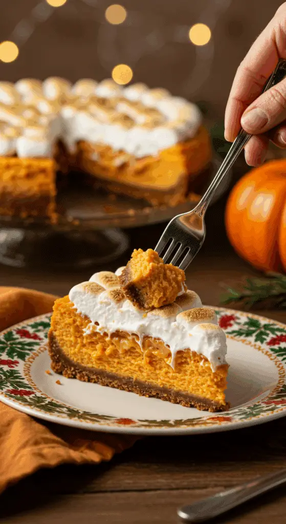 A beautiful slice of S'mores Sweet Potato Cheesecake being served as dessert at a festive Thanksgiving dinner.