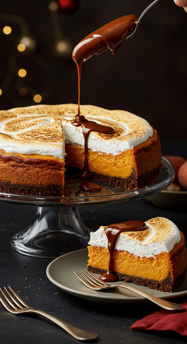 A beautiful, homemade S'mores Sweet Potato Cheesecake with a toasted marshmallow topping and a slice being drizzled with chocolate.