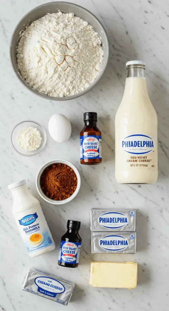 The classic, from-scratch ingredients for the homemade Southern Red Velvet Cake and cream cheese frosting.