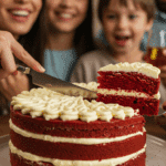The beautiful, finished three-layer Red Velvet Cake being sliced and served at a festive celebration.