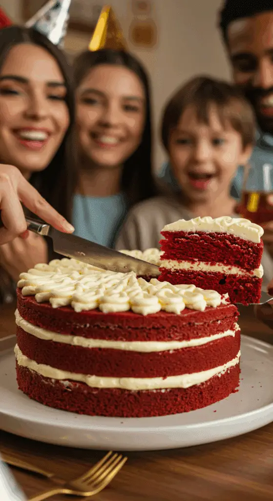 The beautiful, finished three-layer Red Velvet Cake being sliced and served at a festive celebration.