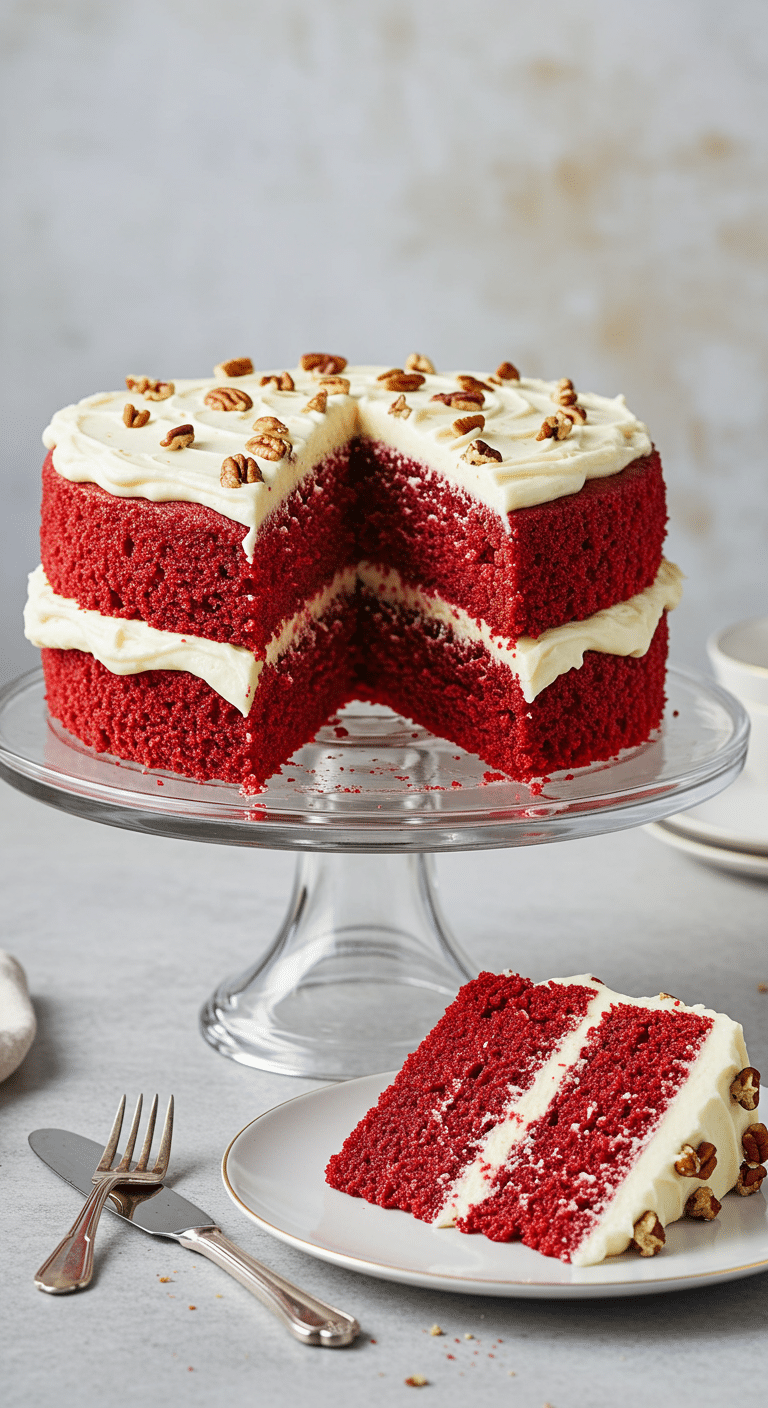 A beautiful, three-layer, homemade Southern Red Velvet Cake on a cake stand with a perfect, tall slice removed.