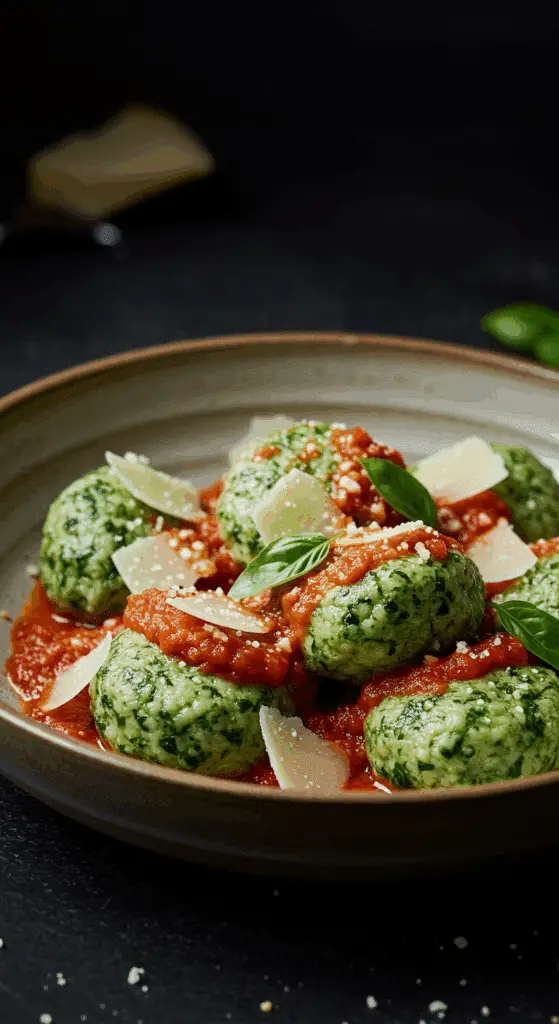 A beautiful, rustic bowl of homemade, authentic Spinach and Ricotta Gnudi, served in a simple red marinara sauce and garnished with shaved Parmesan.