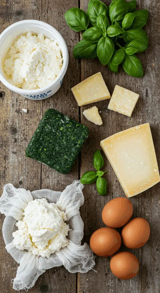 The simple, fresh ingredients for the from-scratch, classic Spinach and Ricotta Gnudi recipe.