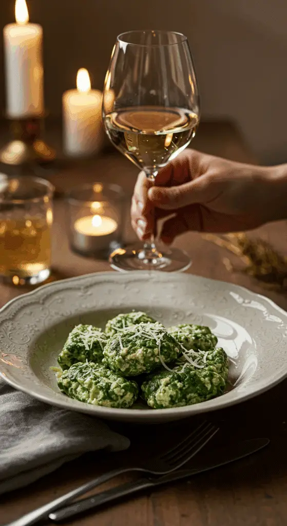An elegant bowl of homemade, creamy Spinach and Ricotta Gnudi being served at a sophisticated dinner party.